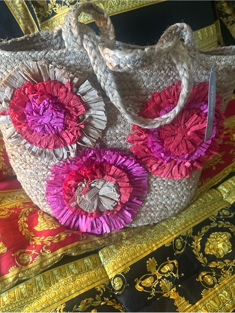 Chico’s  Straw Tote with Pink and Red Raffia Floral Accents NWT